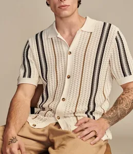 Detailed view of a men's stylish hollow-out knit polo cardigan featuring vertical stripes.