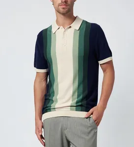 Detailed view of a men's multi-color vertical stripe knitted polo shirt with ribbed cuffs.