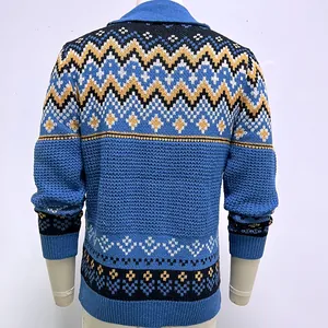 Detailed back view of men's blue jacquard knit cardigan featuring ethnic patterns