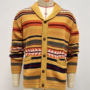 Front view of men's mustard yellow geometric jacquard knit cardigan with shawl collar