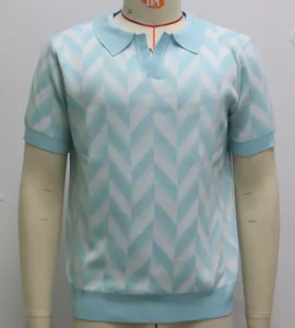 Men's light blue chevron pattern short sleeve knit polo shirt on mannequin.