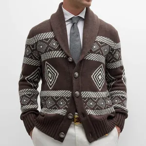 Men's brown business casual knit cardigan featuring intricate white geometric jacquard patterns