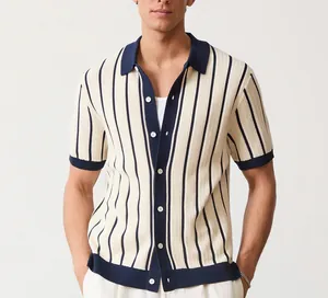 Close-up of men's vertical striped knit polo shirt with navy contrast collar