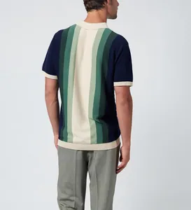 Premium back view of a men's casual multi-color vertical stripe knitted polo shirt