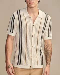 Close-up detail of a men's stylish hollow-out knit polo shirt with vertical stripes pattern