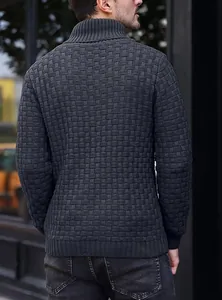 Detailed back view showing textured checkerboard pattern of men's grey roll neck sweater