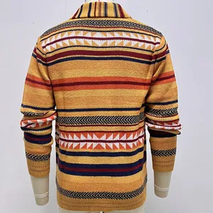 Back view detail of men's Aztec pattern knitted cardigan in yellow and orange