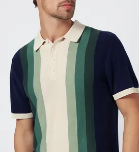 Close-up of men's vertical striped knitted polo shirt with a cream collar detail