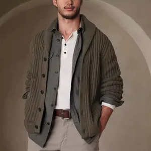 Men's premium olive green shawl collar cardigan sweater in a cozy chunky ribbed knit