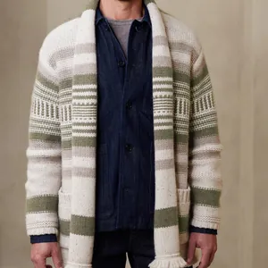 Men Striped Color Block Knit Cardigan Sweater Fringe Tassel Hem Shawl Collar Long Sleeve Winter Warm Open Front Knitted Jacket Top