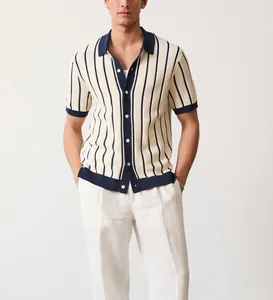 Close-up of men's vertical striped knit polo shirt with navy collar and buttons