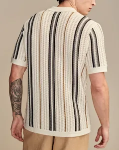 Detailed back view of men's hollow-out knit polo shirt featuring stylish vertical stripes