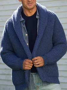 Stylish men's navy blue shawl collar chunky knit cardigan sweater jacket for daily wear