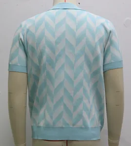 Detailed back view of men's casual light blue and white chevron knit polo shirt