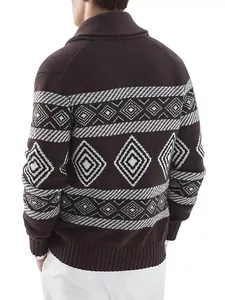Detailed view of the back geometric jacquard pattern on this men's knit cardigan.
