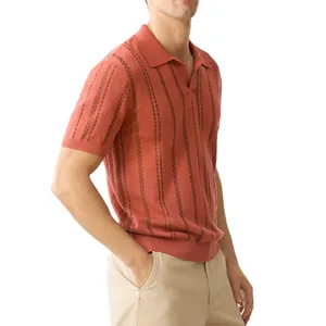 Men's burnt orange knit polo shirt with vertical jacquard stripes and V-neck.