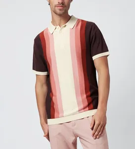 Close-up detail of a men's knit Polo shirt with retro multi-color vertical stripes