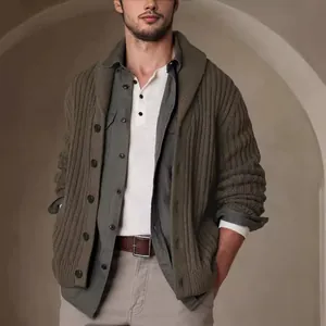 Men's military green shawl collar long-sleeve knit cardigan sweater for autumn/winter