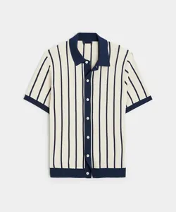 Detailed view of men's short-sleeved knitted polo shirt with navy blue vertical stripes