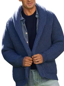 Classic men's blue ribbed knit cardigan featuring a shawl collar and button closure design