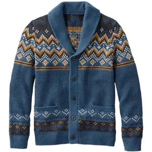 Men's classic shawl collar jacquard knit cardigan sweater with blue geometric patterns