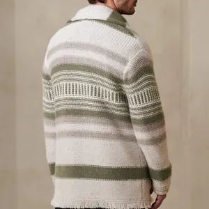 Men's striped knit cardigan sweater jacket with fringe hem in sage green and beige