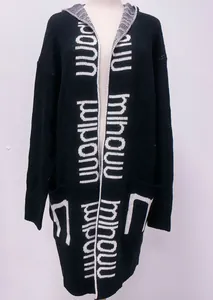 Long black hooded knit cardigan with white letter patterns presented on a mannequin torso