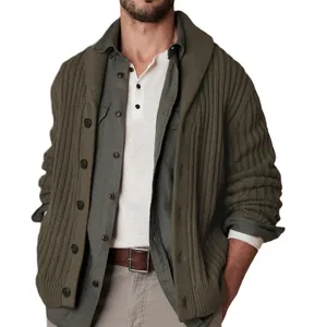 Men's stylish olive green shawl collar chunky ribbed knit cardigan sweater jacket