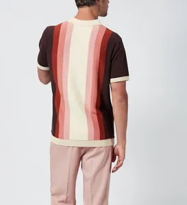Men's casual knitted polo shirt featuring multi-color vertical stripes, stylish back view