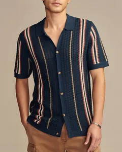 Detail of men's retro hollow-out knitted polo shirt with colorful vertical stripes