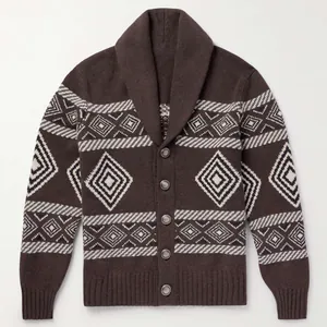 Close-up of men's shawl collar cardigan with geometric diamond jacquard pattern.