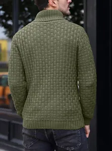 Detailed view of olive green men's sweater featuring a premium basket-weave knitted pattern