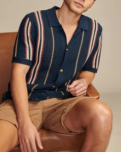 Close-up of men's textured knit polo shirt featuring vertical stripes and button details