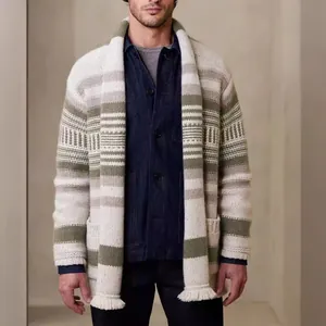 Casual men's knit cardigan featuring a striped pattern and fringe trim at the hem