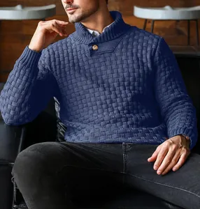 Macro view of men's navy blue textured basket-weave knit sweater featuring a buttoned shawl collar