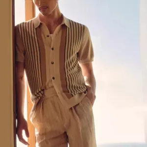 Men's summer striped short-sleeved knit Polo shirt with matching trousers in casual style