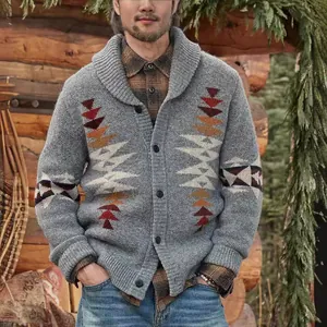 Men's grey knit shawl collar cardigan with geometric aztec jacquard pattern.