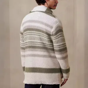 Classic men's striped knit cardigan sweater featuring stylish fringe hem for autumn winter