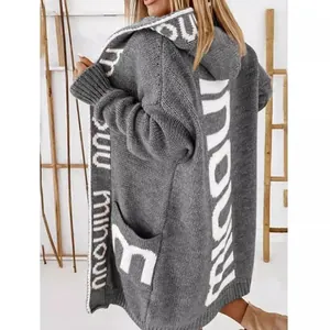 Women Hooded Long Cardigan Sweater Polyester Jacquard Letter Pattern Open Front Knitwear Outerwear Top For Autumn Winter