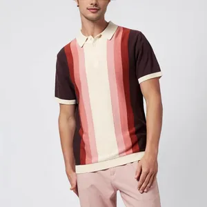 Men's Vintage Striped Knitted Polo Shirt Retro Color Block Short Sleeve Top Patchwork Casual Summer Knitwear BK0056