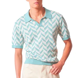 Stylish men's casual knit polo shirt with mint green chevron jacquard pattern and lapel