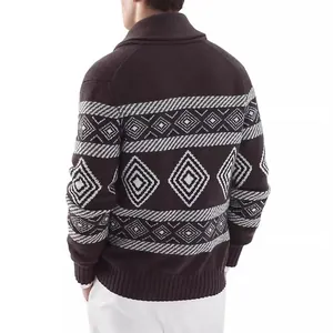 Classic men's dark brown knitted jacquard cardigan sweater featuring a diamond pattern back view