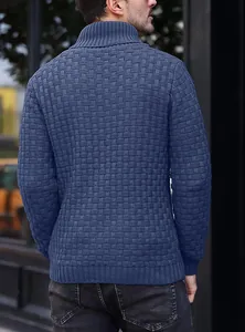Detailed back view of a men's blue textured knit turtleneck sweater with business style