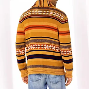 Back view of a casual men's knit cardigan with vibrant geometric jacquard patterns