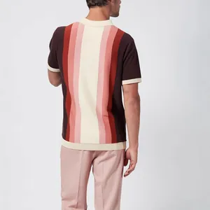Back view of men's retro multi-color vertical striped knit polo shirt for spring and summer