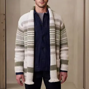 Premium men's striped knit cardigan sweater with fringe hem and elegant shawl collar