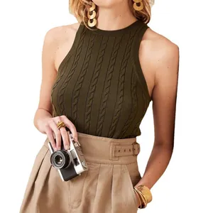 Canotta in Maglia a Trecce Slim Fit da Donna Senza Maniche Girocollo Maglione Gilet Tinta Unita Maglieria Top