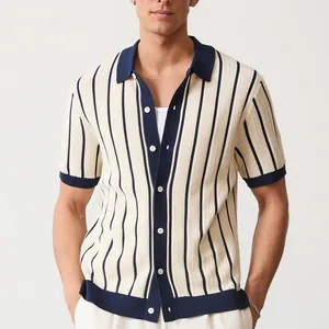Men Retro Knitted Polo Shirt Short Sleeve Vertical Striped Top Contrast Ribbed Trim Button Lapel Casual Summer Knitwear