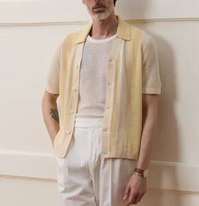 Detail shot of men's cream and yellow striped hollow-out knit polo shirt with buttons
