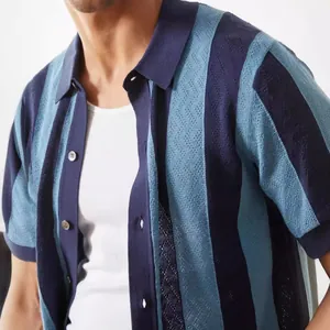 Stylish men's vertical striped knitted polo shirt with breathable hollow-out texture detail